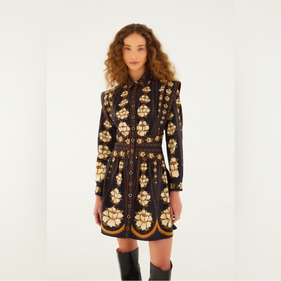FARM Rio Black Embroidered Flowers Long Sleeve Organic Cotton Mini Dress - Picture 1 of 8